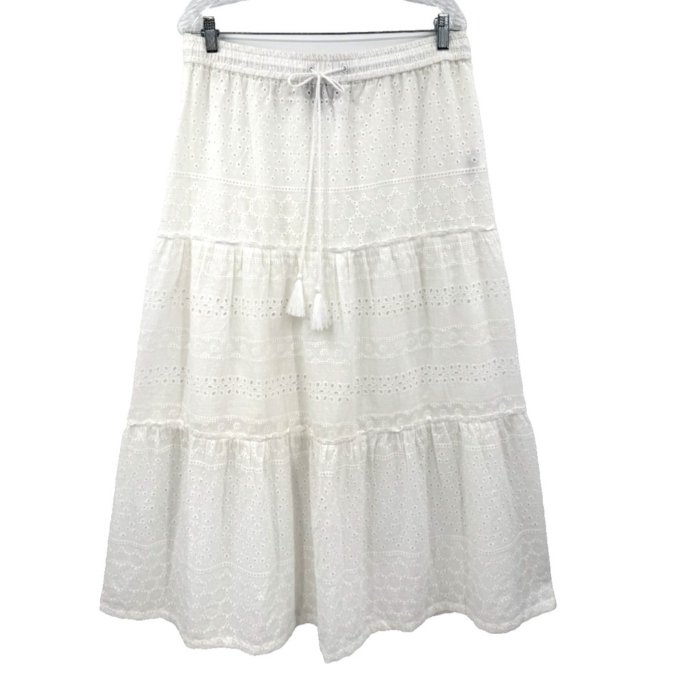 Laundry by Shelli Segal Maxi Skirt L White Eyelet Cotton Boho Tiered Western